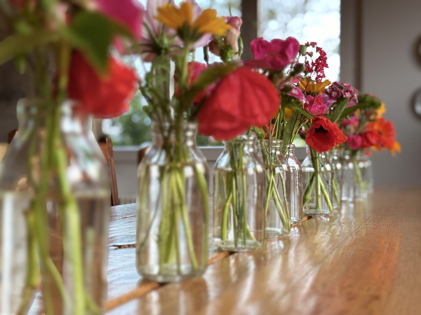Bunte Blumen in kleinen Vasen am Fenster